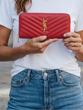 Saint Laurent Red Chevron Zip-Around Women's Wallet with Gold Logo
